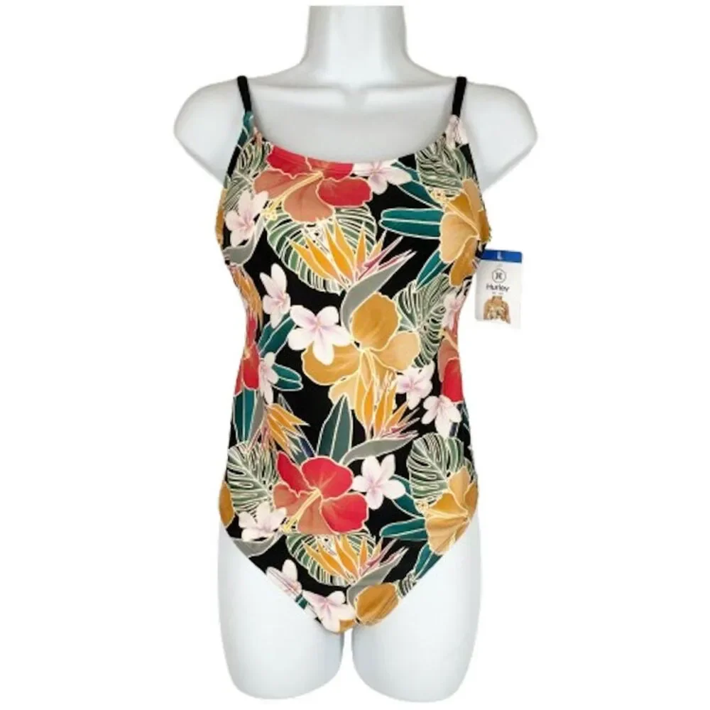 💐 NEW Hurley L One Piece Swimsuit Tropical Floral Coral Teal Gold Black NWT - Picture 5 of 13